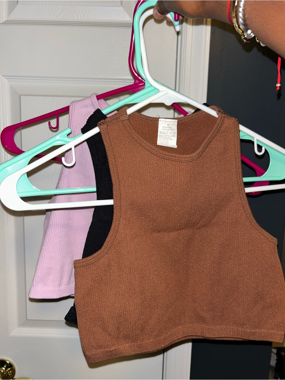 Set of 3 Cropped Tank Tops (brown, black & pink)